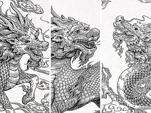 版画风丨龙与麒麟的插画