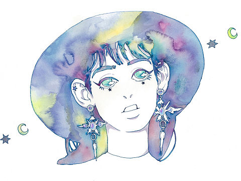 水彩气象巫女人物插画