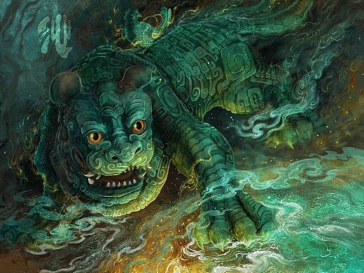 商代文物《伏鸟双尾青铜虎》插画