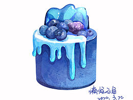 水彩插画系列之看图识美食（十四）蓝莓慕斯蛋糕