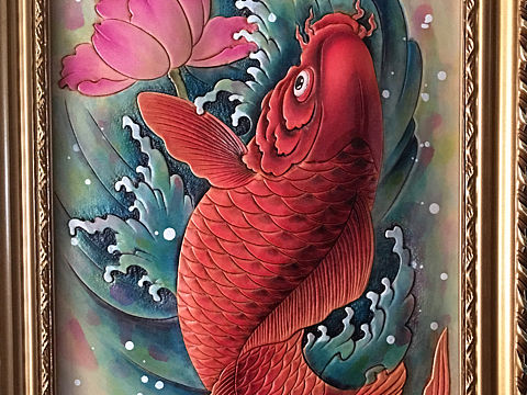皮雕画—-吉祥红锦鲤