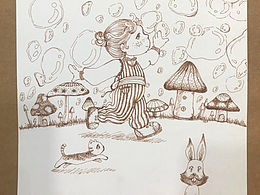 線條装飾畫～追泡泡的小女孩