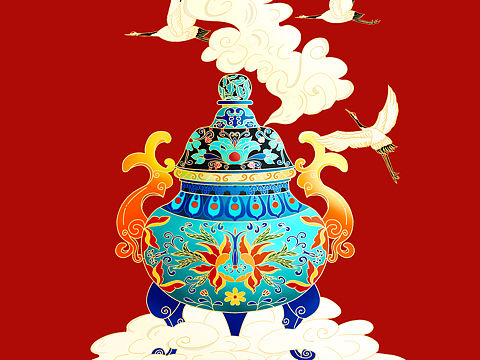 国潮插画--景泰蓝香炉