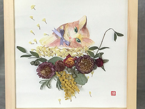 【 夏天的喵 】纯手绘+纯手工干花装饰画