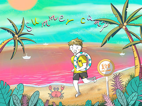 儿童夏令营插画-海边游泳