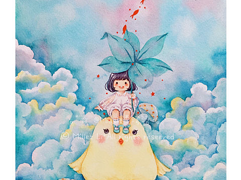 水彩插画：叶子伞、小黄鸡.