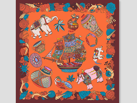 《丝域真情》邮折&海上丝绸路[Maritime Silk Road]90×90厘米方巾