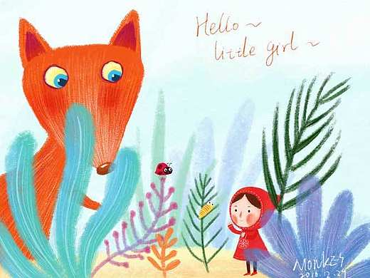 hello，little girl   狐狸  女孩 植物