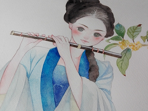 今天的水彩画,吹笛子的少女