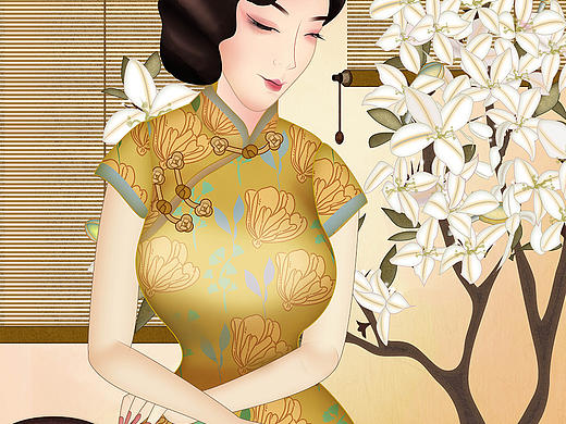 唯美古风下棋棋盘卷帘旗袍美人