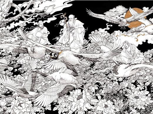 钢笔插画-仙翁九鹤祝寿图