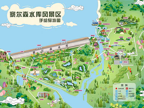 【内蒙古.察尔森水库】旅游景区手绘地图定制设计