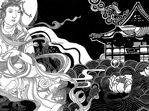 普贤——手绘  中国风  黑白 菩萨  日式