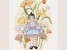 复古插画 小女孩与花