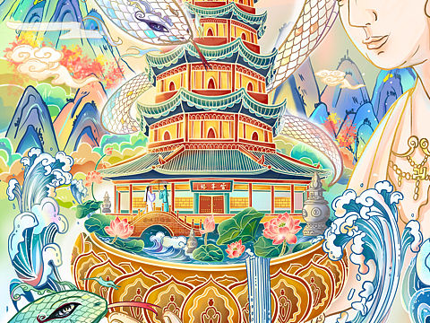 国风插画雷峰塔建筑白蛇青蛇元素