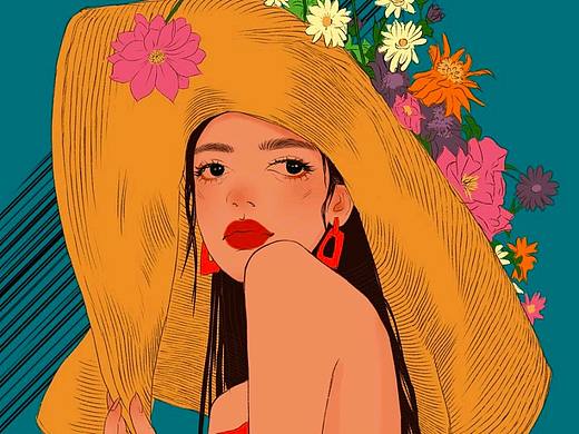 花与少女人物插画，做了两种配色
