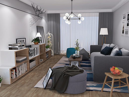 北欧风格家装设计家居软装室内设计书柜沙发客厅设计简约风格自然清新