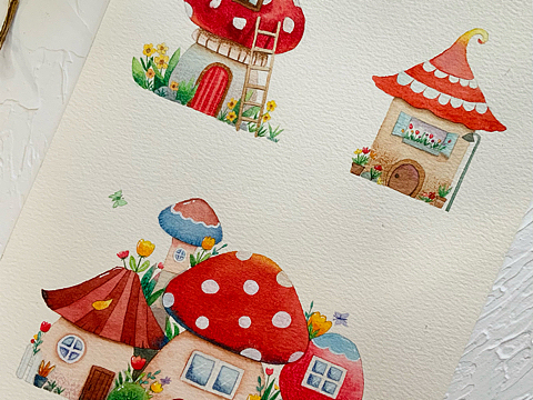 原创插画 水彩手绘 蘑菇小镇