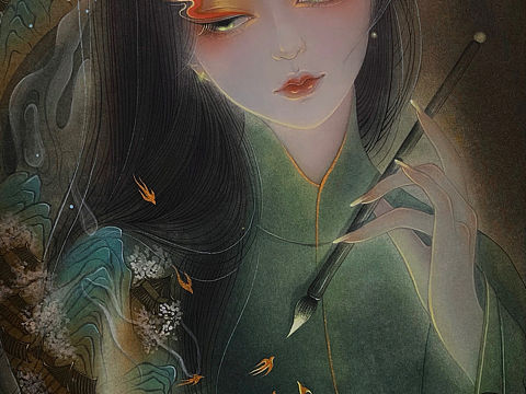 原创水彩插画美女
