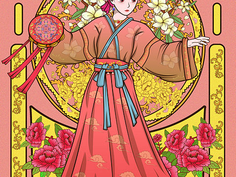 穆夏风格古风宫廷插画