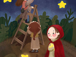 摘星星的小女孩，手繪插畫，手機(jī)壁紙