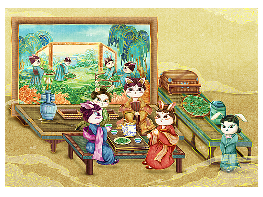 卯兔會茶圖——古畫今繪|故宮博物院|茶葉包裝插畫（個人主頁-ZNjI2NzEwNDQ=） - 商業(yè)插畫 - 站酷設(shè)計師森霖Art原創(chuàng)素材 - 站酷ZCOOL