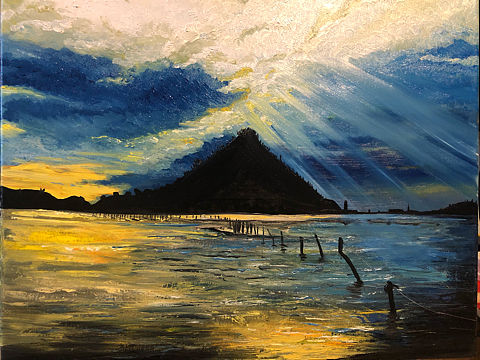 油画《黄昏海边》
