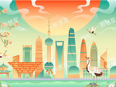 中国一线城市地标建筑矢量插画