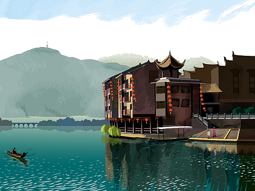 ai风景插画练习——镇远古城