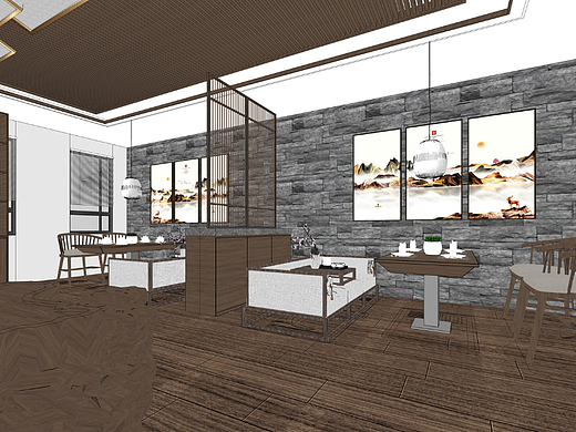 新中式茶楼茶室SU模型下载