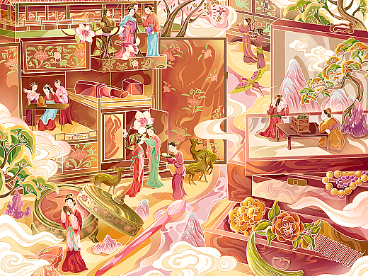 国潮插画——仕女x化妆品，国风美妆