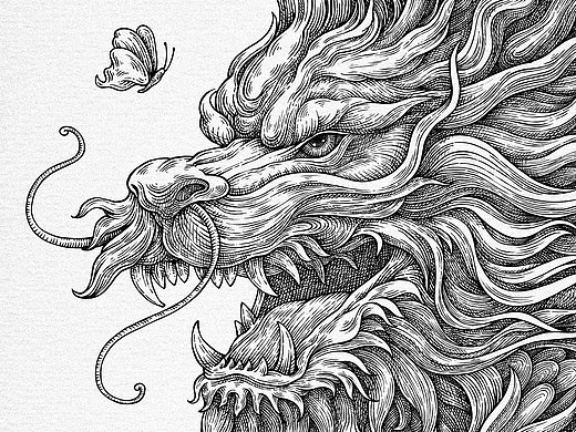 有龙则灵 单色线性版画