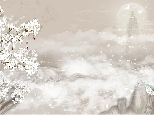 古风插画梨花山水云古塔静寂意境古朴插画