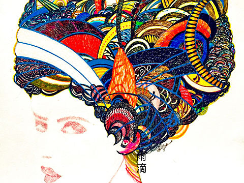 彩色 线描 插画 装饰画 人物 黑白 条纹 彩铅 手绘 