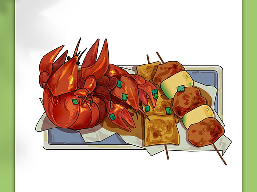 小龙虾烤串插画