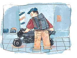 原创水彩摩托与小男孩