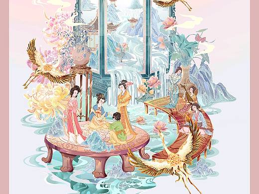 国潮插画-古风花灯仕女插画