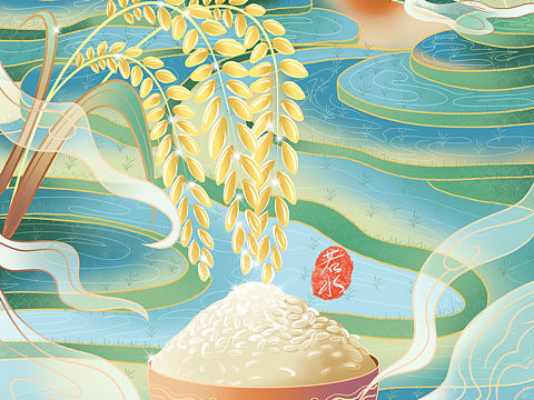 国风大米包装手绘设计商业插画