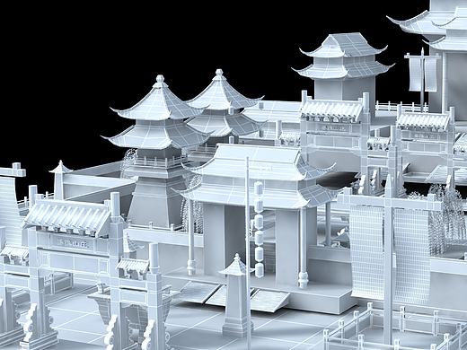 古建筑场景带线框白模