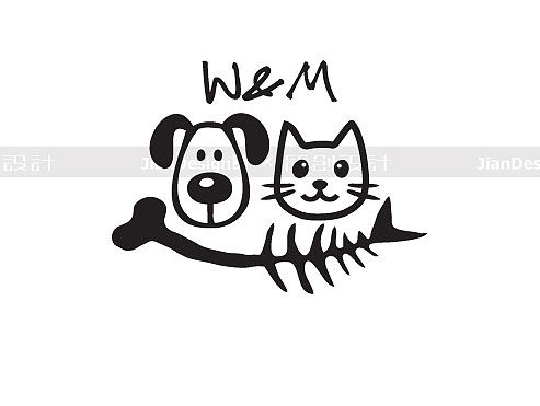 情侣服装品牌logo设计—W&M：汪星人和喵星人。