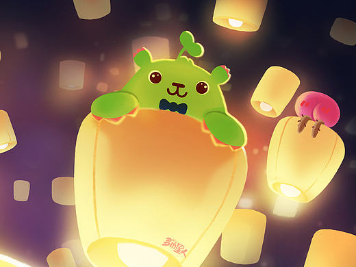 夜晚与孔明灯（双图）