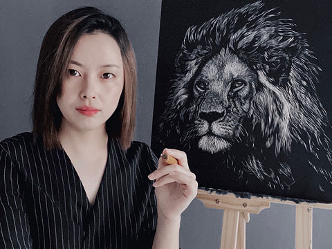 手工雕刻黑白木刻版画·狮子