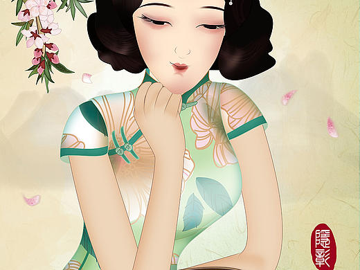 桃花桃枝花瓣飘落燕子《琴棋书画》下棋美人