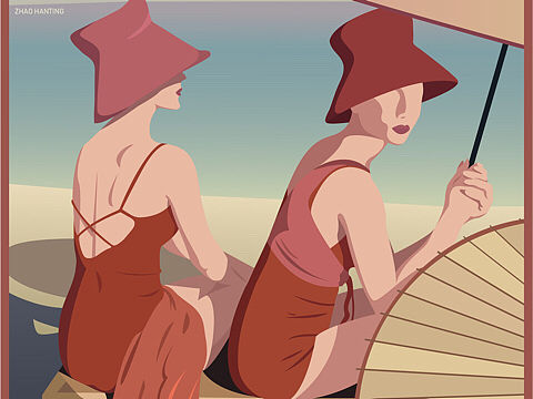 Retro Future 海边沙滩女士 Flat illustration