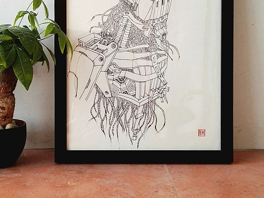 黑白线稿手绘创意家居装饰画机器人