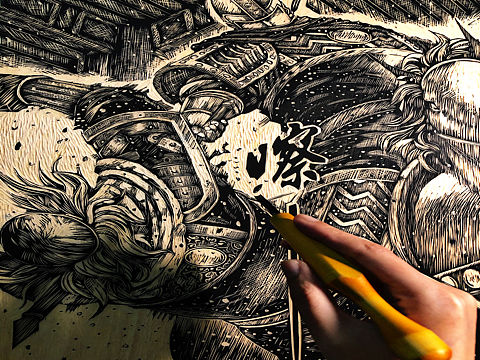 手工雕刻黑白木刻版画【火凤燎原】