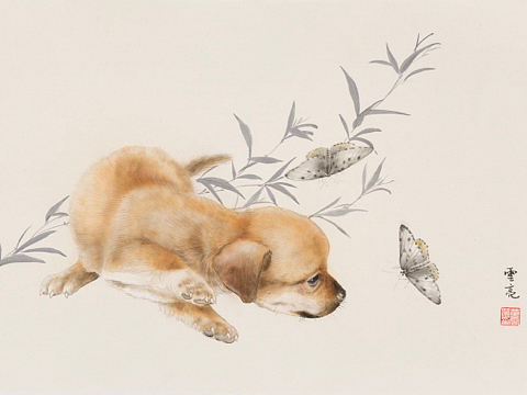 竹子小狗与蝴蝶 国画画狗fine art-oil painting3002水墨画家黄云亮