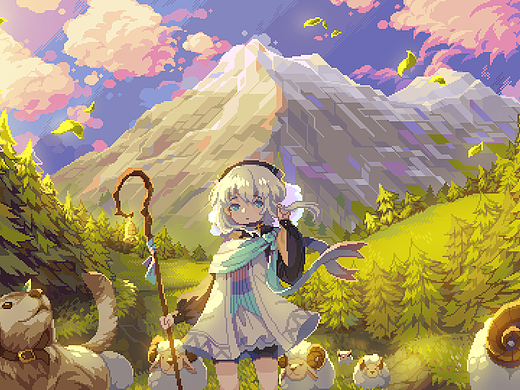 日落 羊群与少女