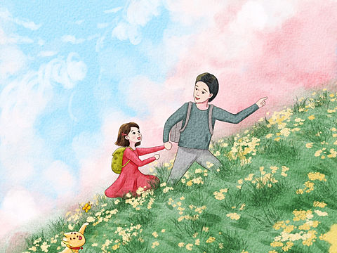 水彩户外爬山登高花草