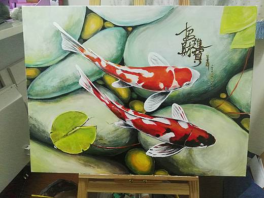 招财进宝，锦鲤丙烯画。